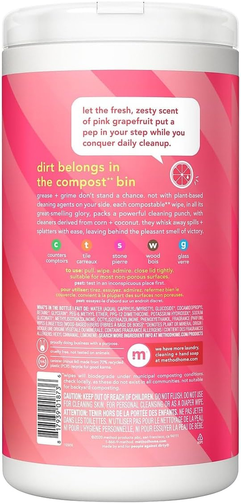 All-Purpose Cleaning Wipes, Pink Grapefruit, Multi-Surface, Compostable, 70 Coun