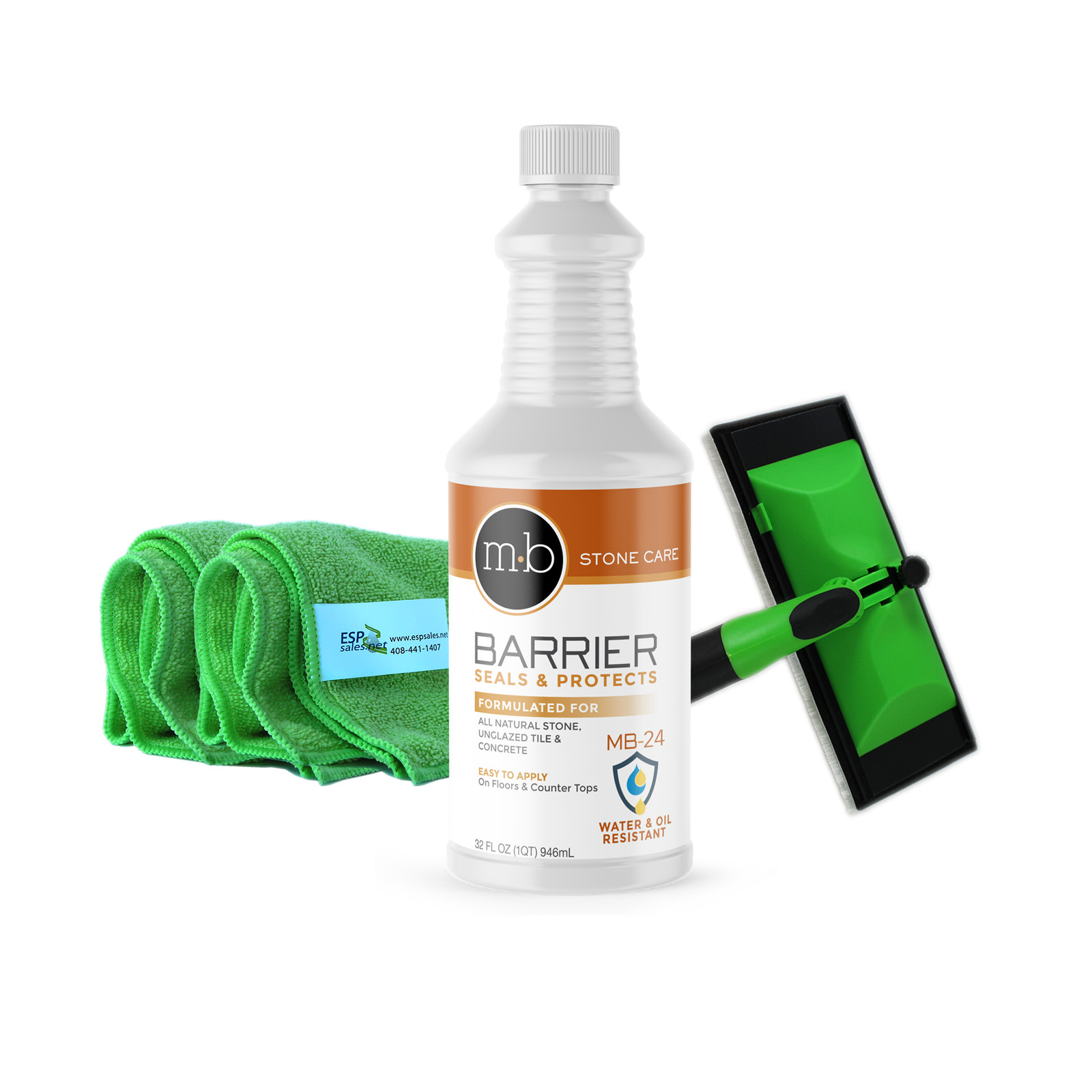 MB Stone Care Barrier Sealer Kit – MB-24 Barrier, Applicator Pad, and 2 Towels