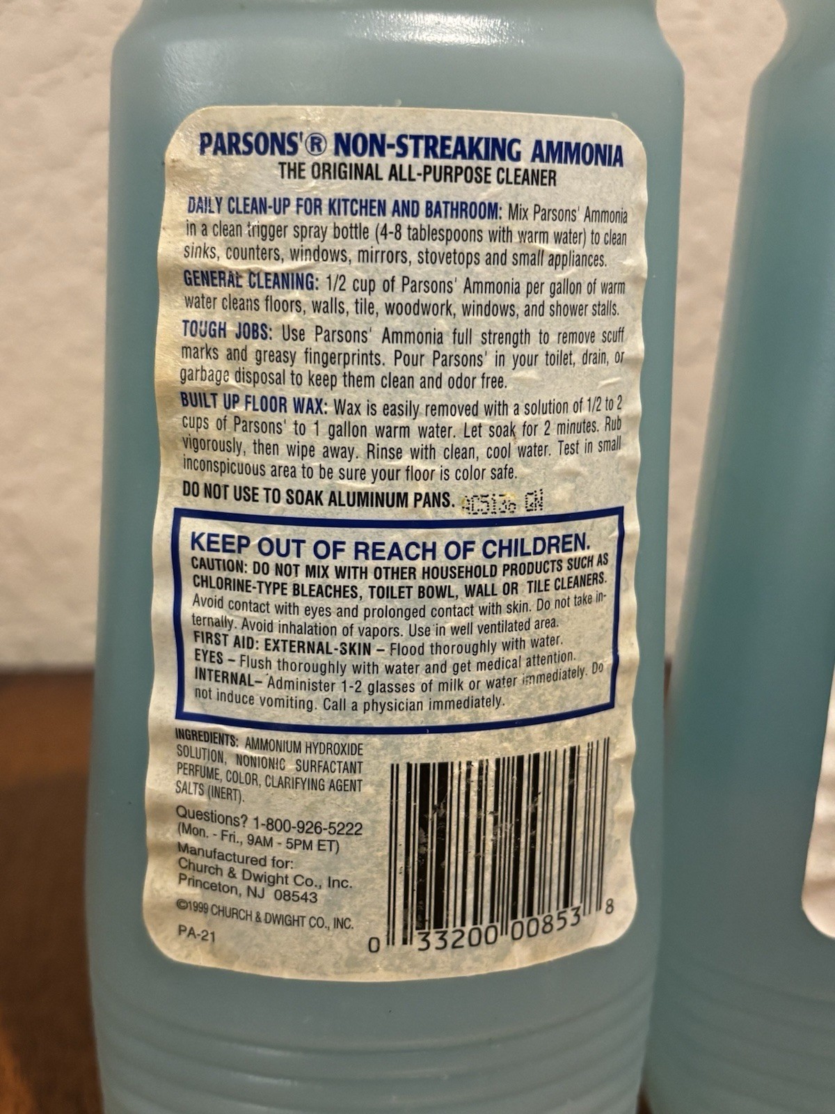 Vintage Parsons Non-Streaking Ammonia Original All Purpose Cleaner 1999 28 Fl Oz