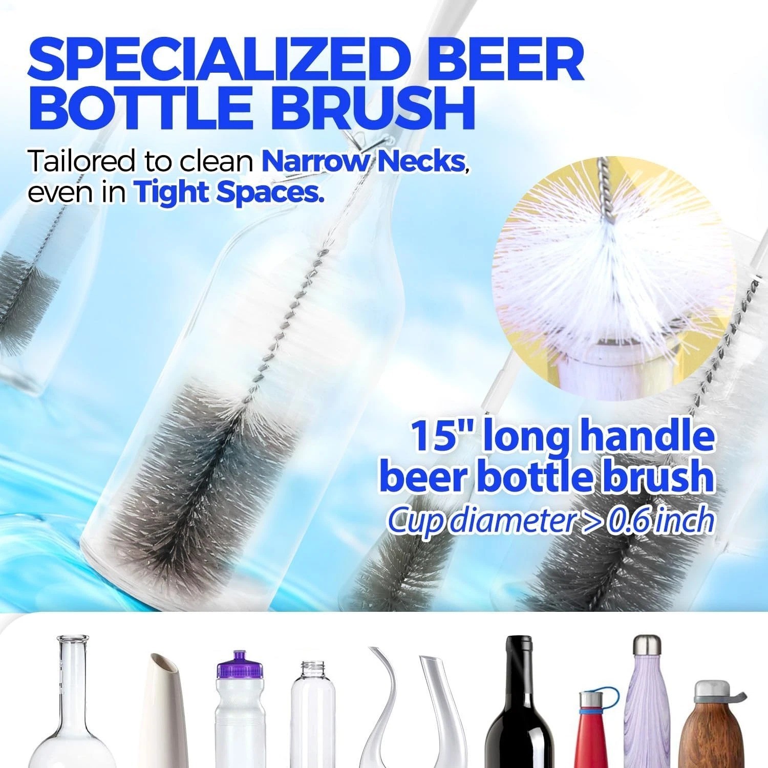 10 Pack Bottle Brush Cleaner Set, 15″ Long Handle Bottle Cleaner Brush, Flexible