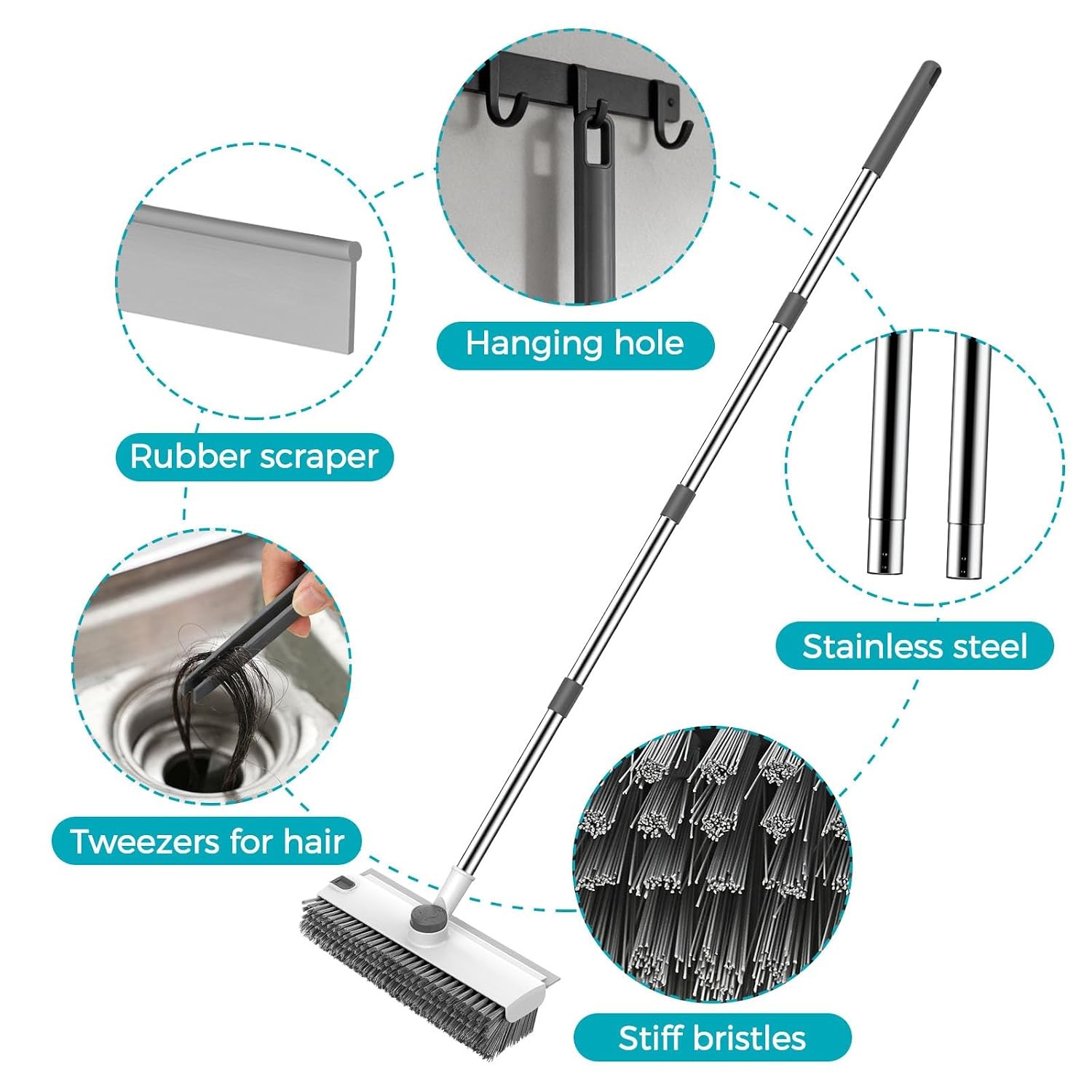 Adjustable Long Handle Floor Scrub Brush 3 in 1 Grey White Floor Scrubber
