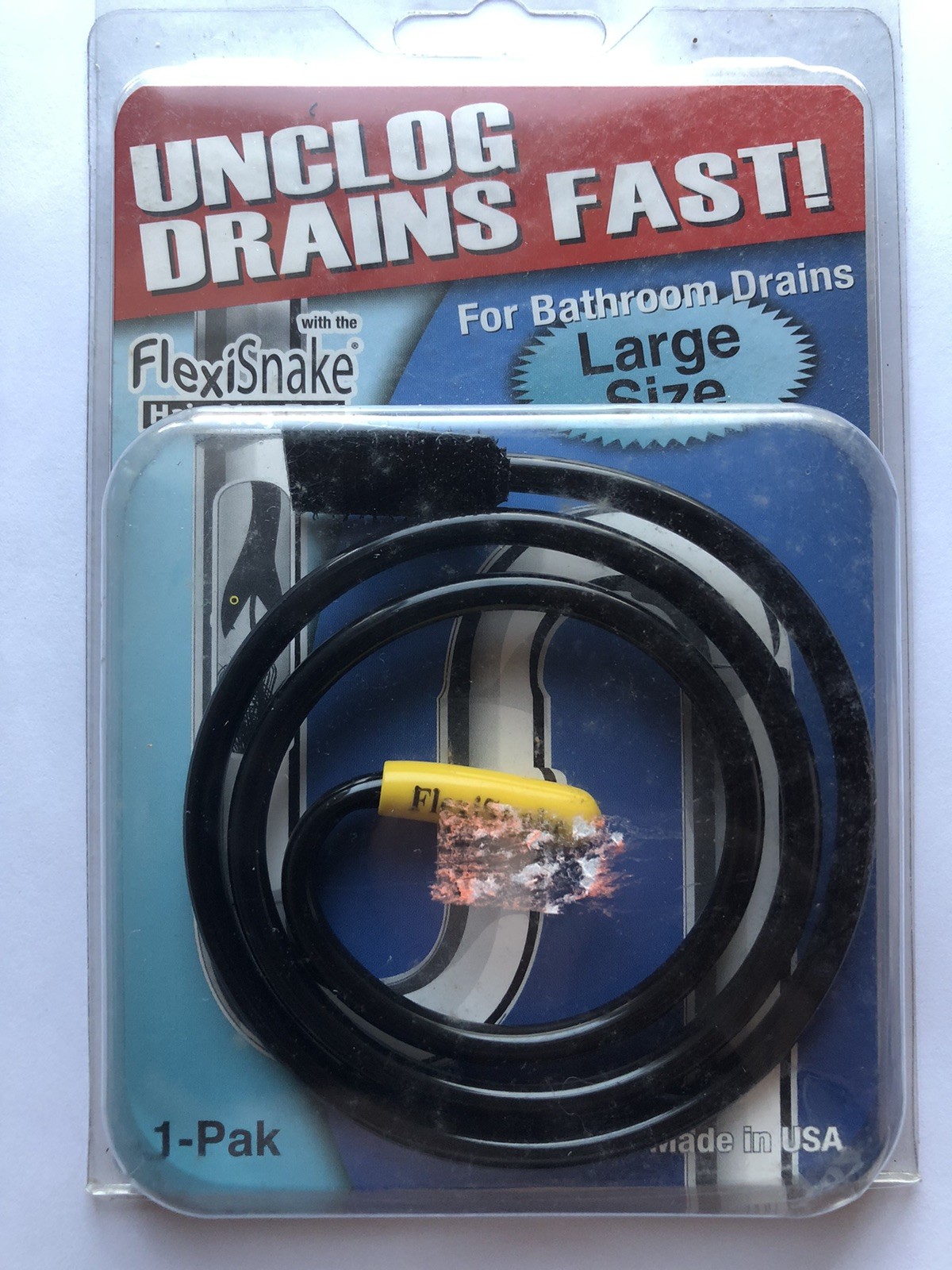 FlexiSnake Drain Hair Clog Tool 1 PAK for Bathroom Drains LARGE SIZE MADE IN USA