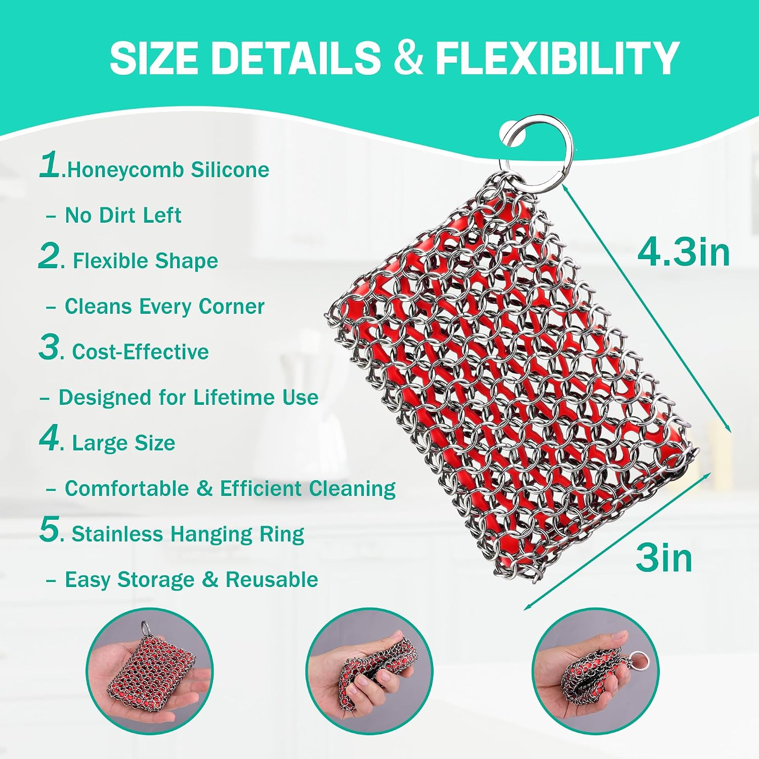 Cast Iron Chainmail Scrubber Stainless Steel Silicone Cleaner for Skillet Pan