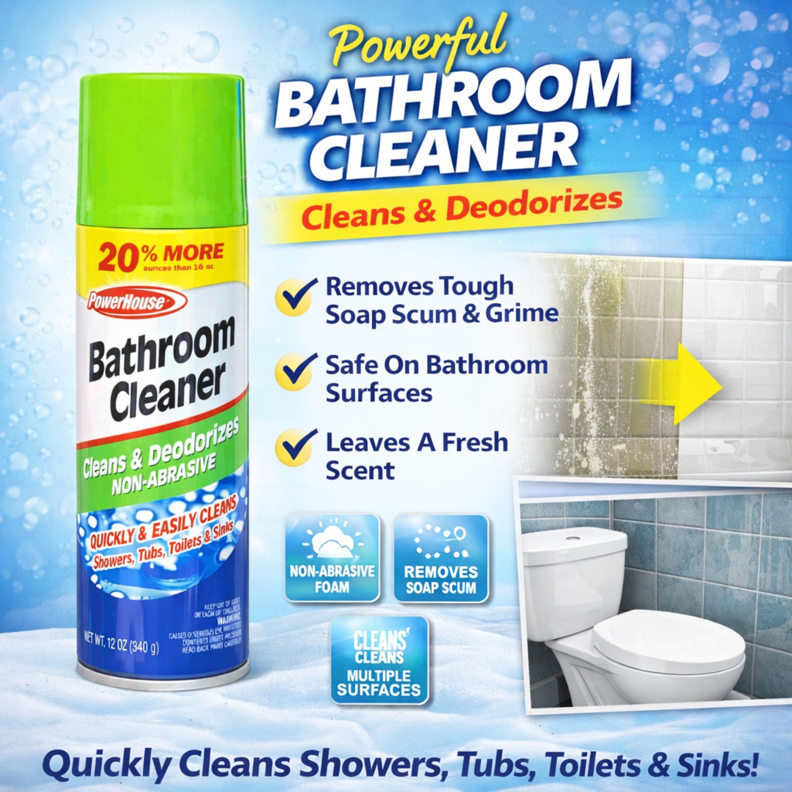 12oz Bathroom Cleaner Spray: Non-Abrasive Cleans Deodorizes PowerHouse