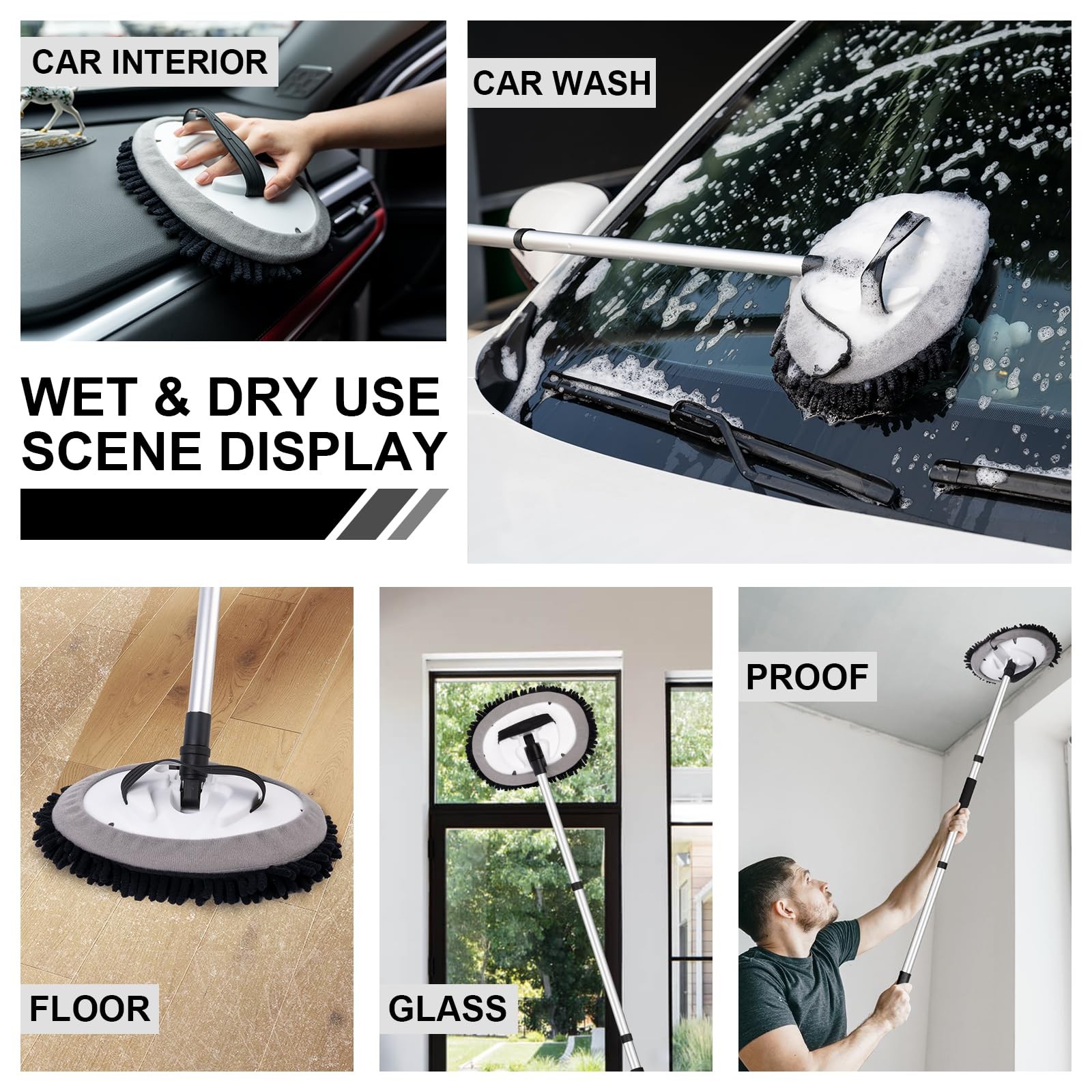 62″ Car Wash Brush Kit Mitt Mop Sponge with Long Handle Chenille Microfiber C…