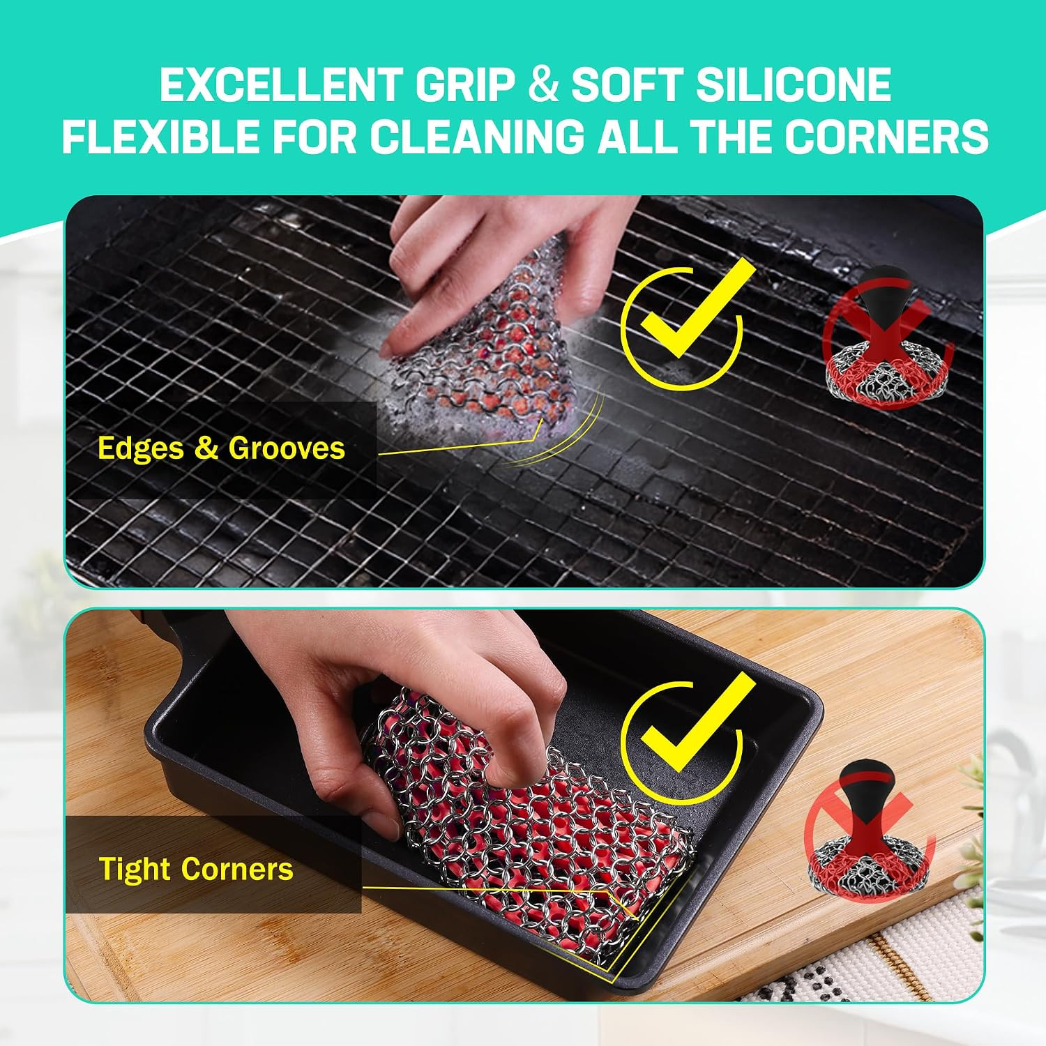 Cast Iron Chainmail Scrubber Stainless Steel Silicone Cleaner for Skillet Pan