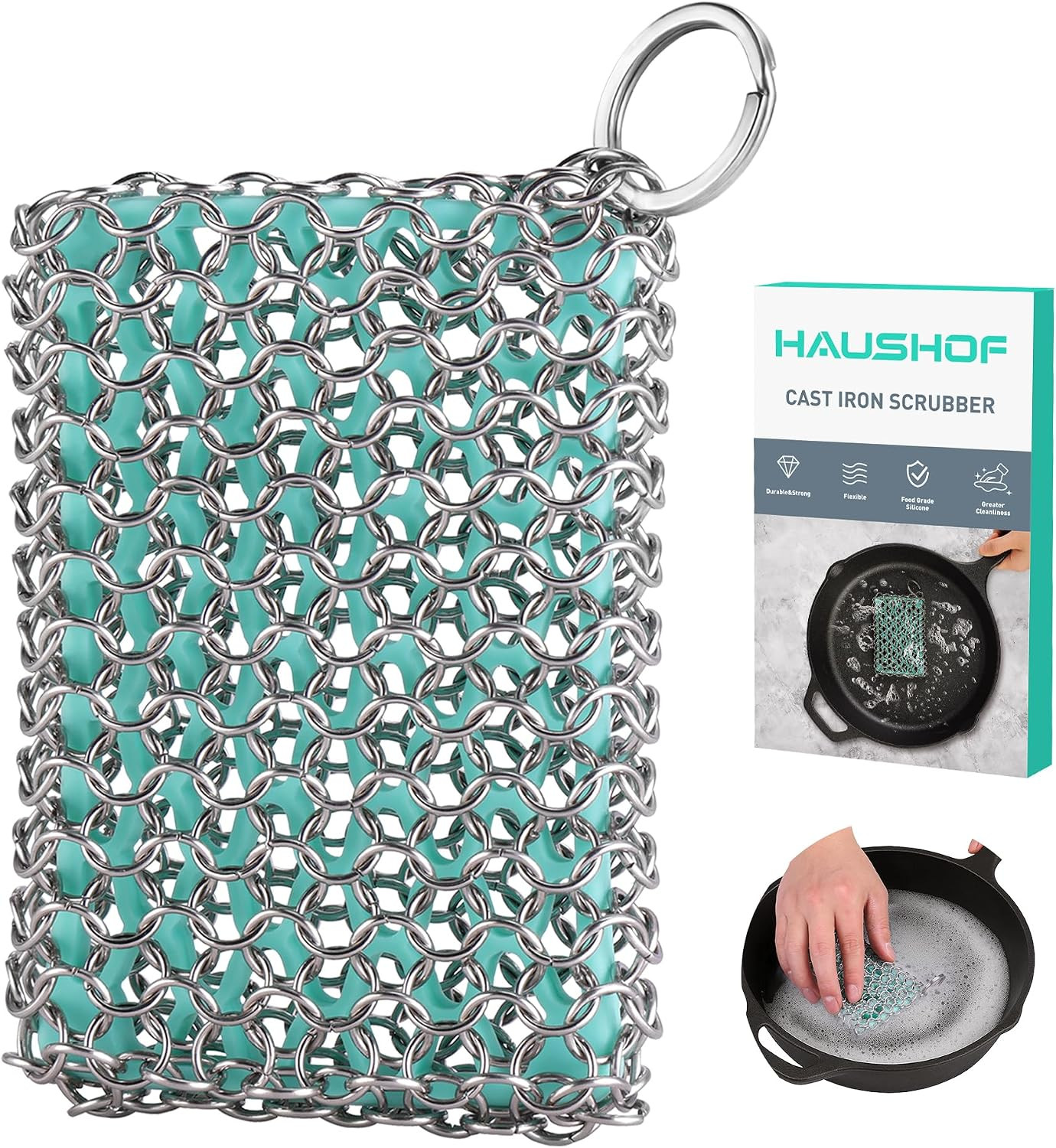 Cast Iron Chainmail Scrubber Stainless Steel Silicone Cleaner for Skillet Pan