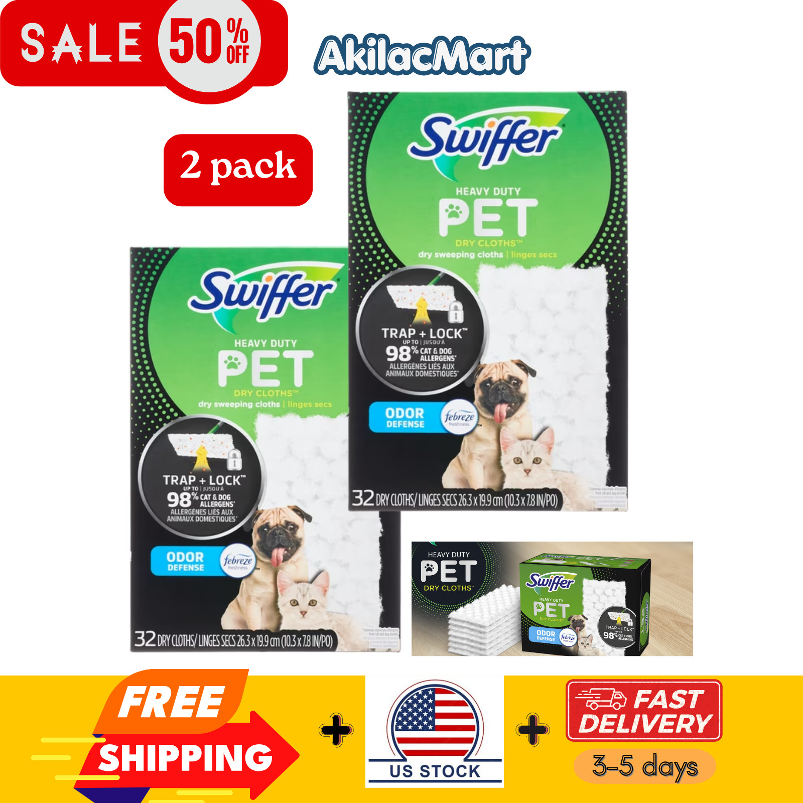 2 pack – Swiffer Hair Magnet Heavy Duty Pet Refills, Odor Defense, 32 Count