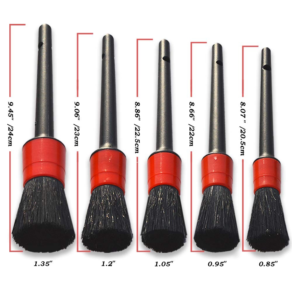 5 Premium Boar Hair Detail Brushes for Automotive Cleaning Wheels & Vents