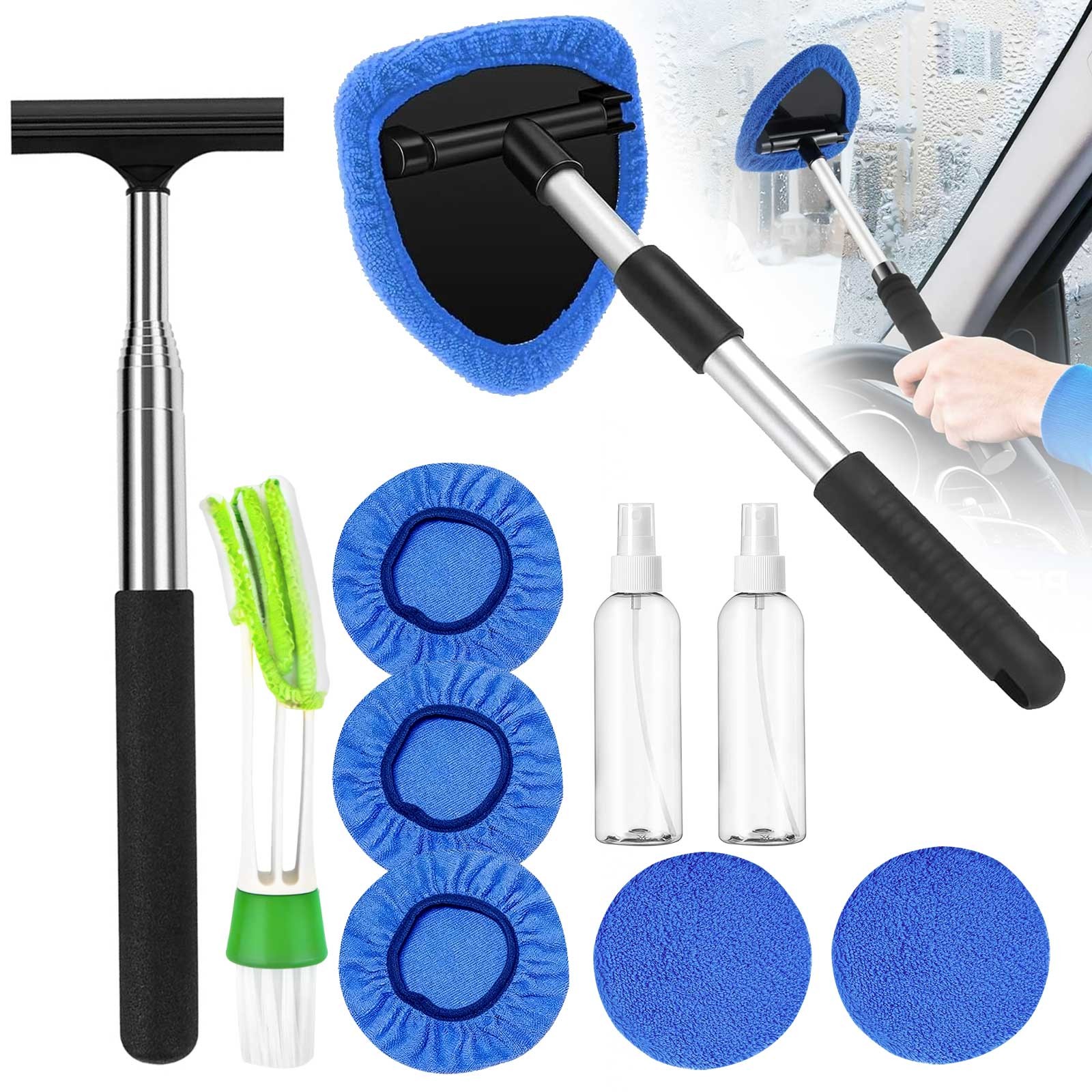 10 PCS Extendable Car Windshield Cleaning Tool Kit 180° Swivel Head w/ Pad Spray