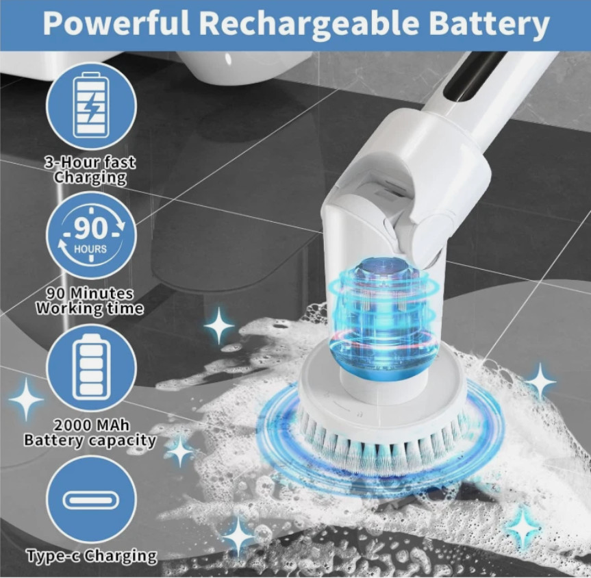 Fregadora Eléctrica Giratoria con 8 Cepillos, 2 Velocidades, Inalámbrica