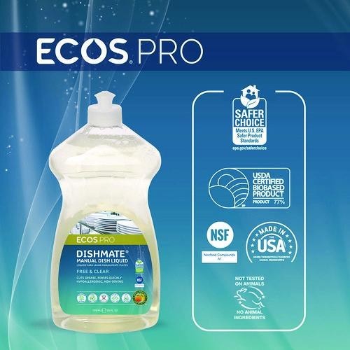 ECOS PRO Dishmate Manual Dish Liquid, Free & Clear, 25 oz Squeeze Bottle, 6/CT