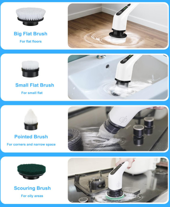 Cepillo Limpieza Eléctrico Inalámbrico 360° con 8 Cabezales para Baño y Cocina