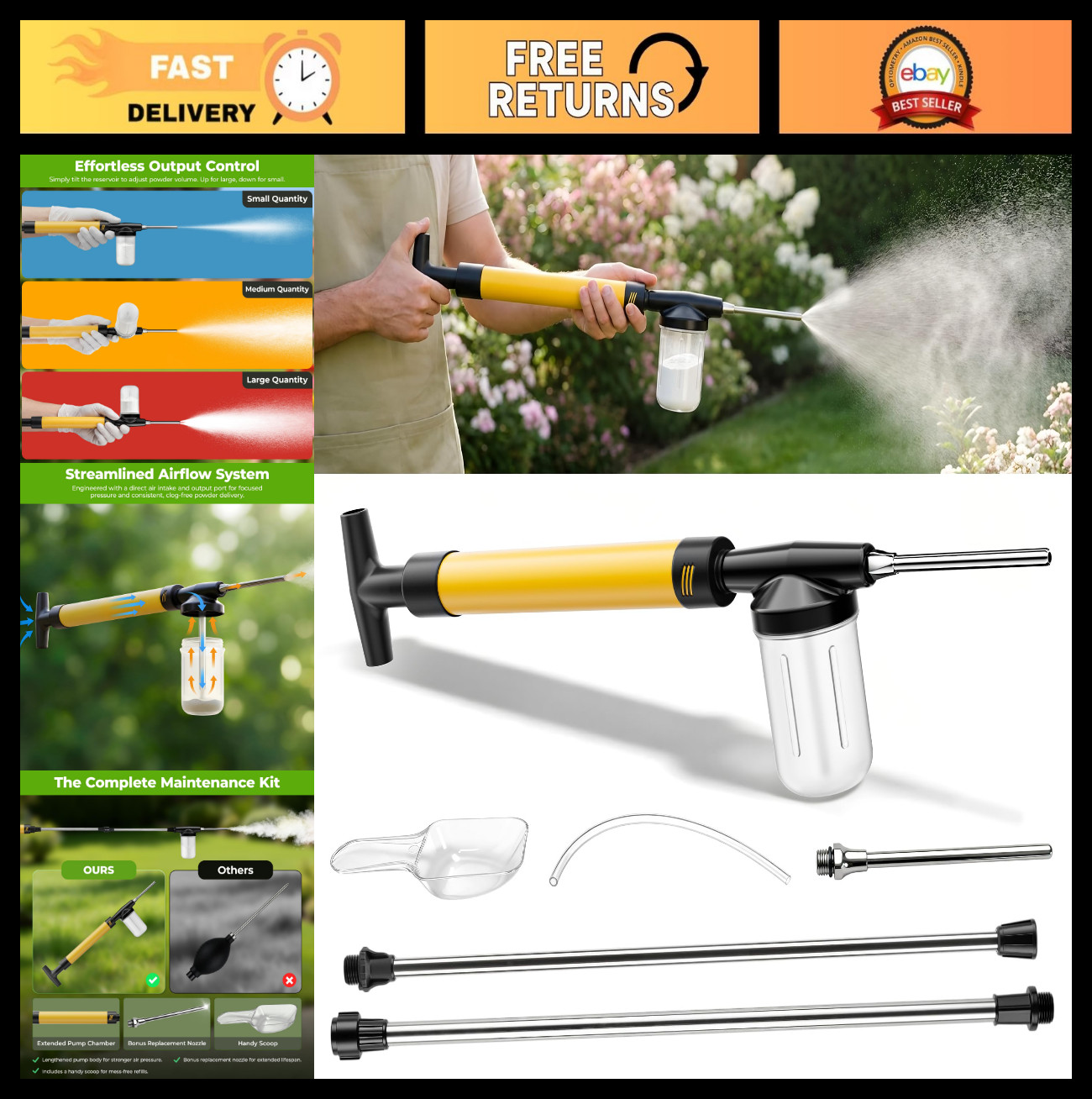 Adjustable Powder Duster with 4FT Extension Pole, Manual Pump Sprayer for Garden