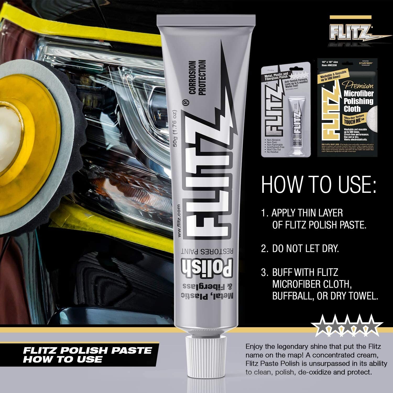 Flitz Metal Polish 3PK Plastic, Fiberglass Cleaning Waxing Paste 1.76 oz. Tube
