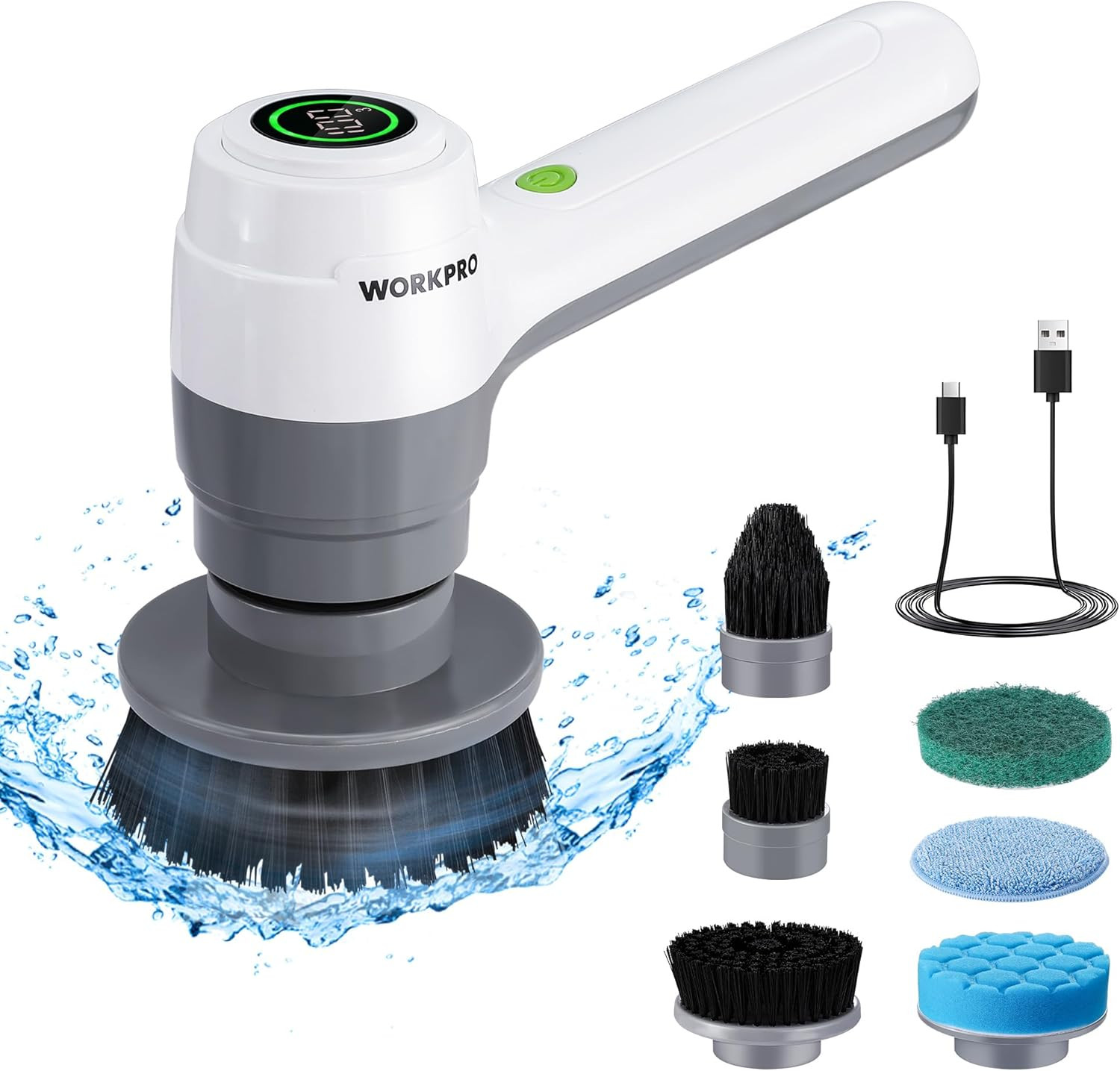 8V Electric Spin Scrubber, 3-Speed Adjustable Shower Scrubber with 6 Replaceable