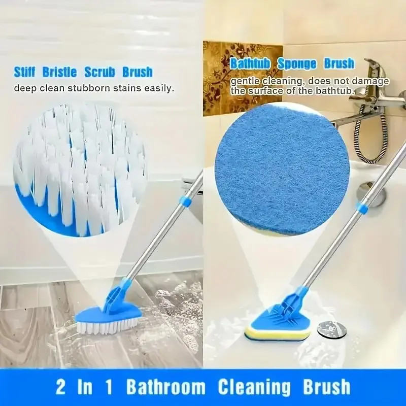 2 in 1 Retractable Bathroom Cleaning Brush Set 3 Sponge Heads Kitchen