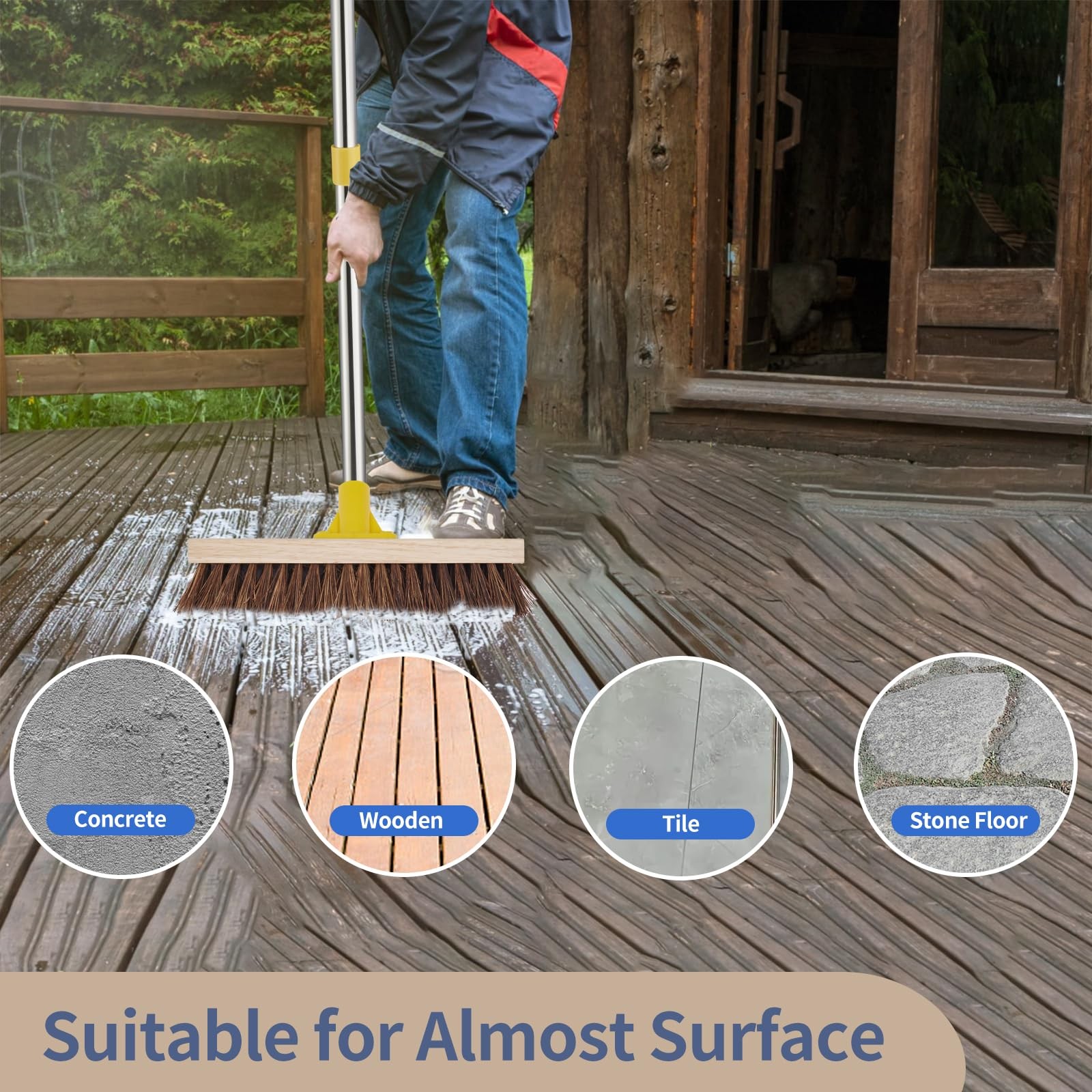 Floor Scrub Brush With Long Handle 60″ Heavy Duty Deck Brush With Stiff Natural