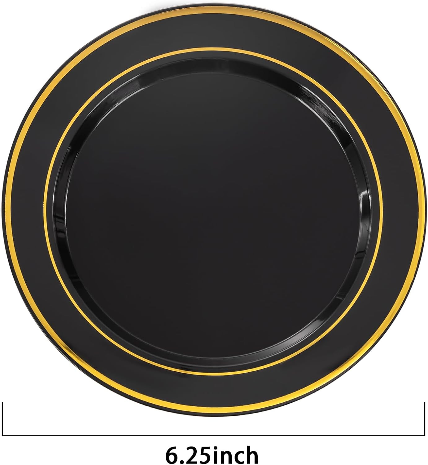 bUCLA 200PCS Black and Gold Plastic Plates – 6.25inch Black with Gold Rim Disp
