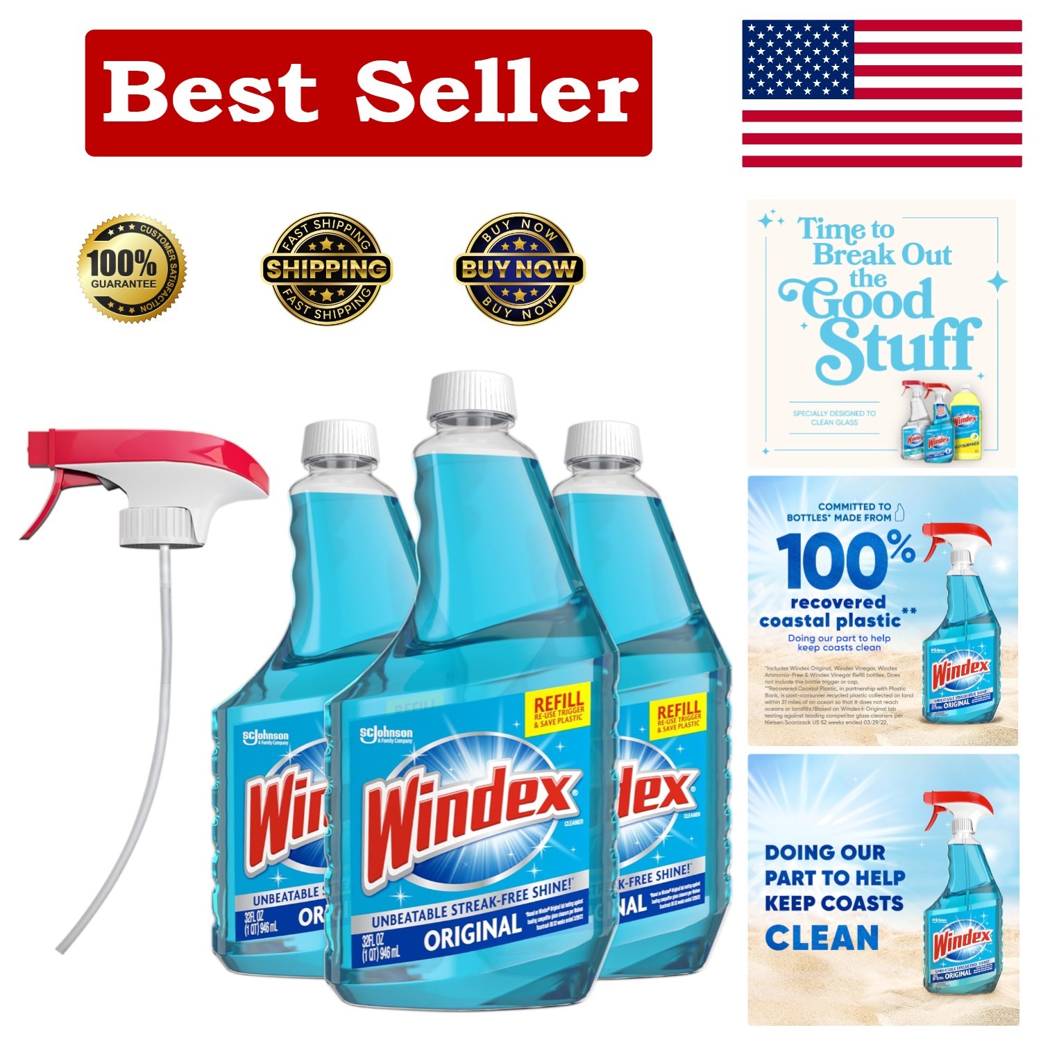 Streak-Free Windex Glass Cleaner Refill, 3×32 fl oz with Spray Trigger