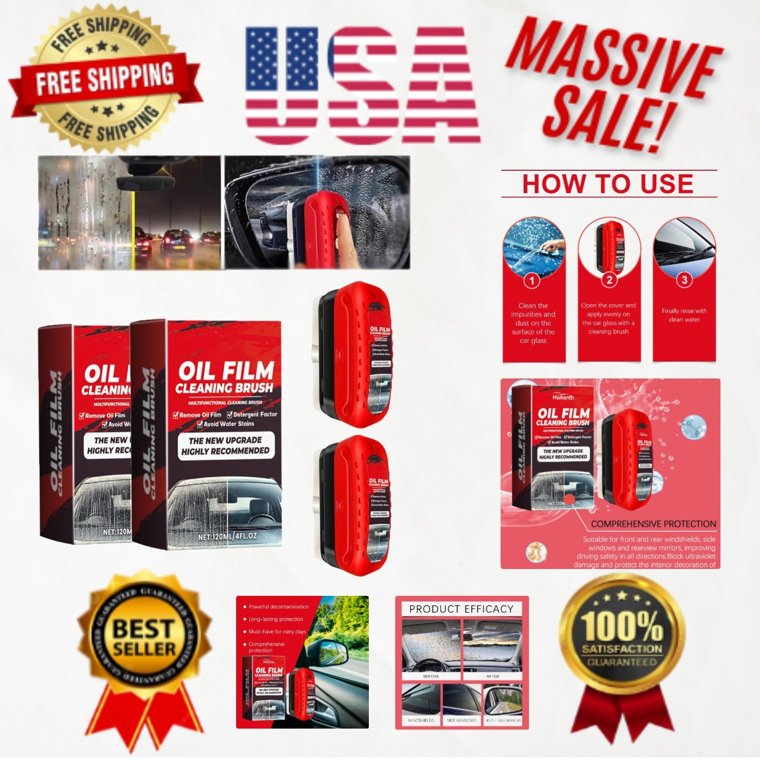 2-Pack Automotive Windshield Oil Film Remover with Hydrophobic Glass Coating