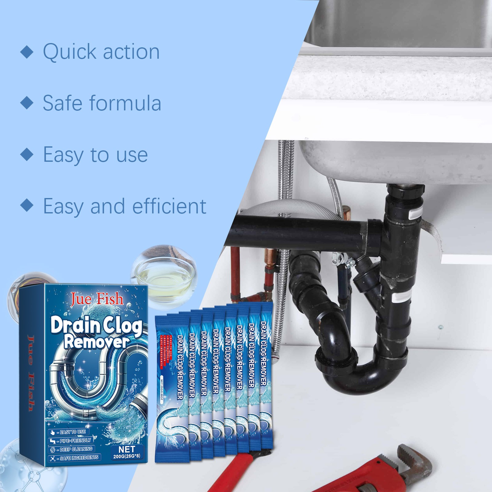 Pipe Dredging Cleaning Powder Clean Dissolves Drain Pipe Powder Oil, Clogs And D