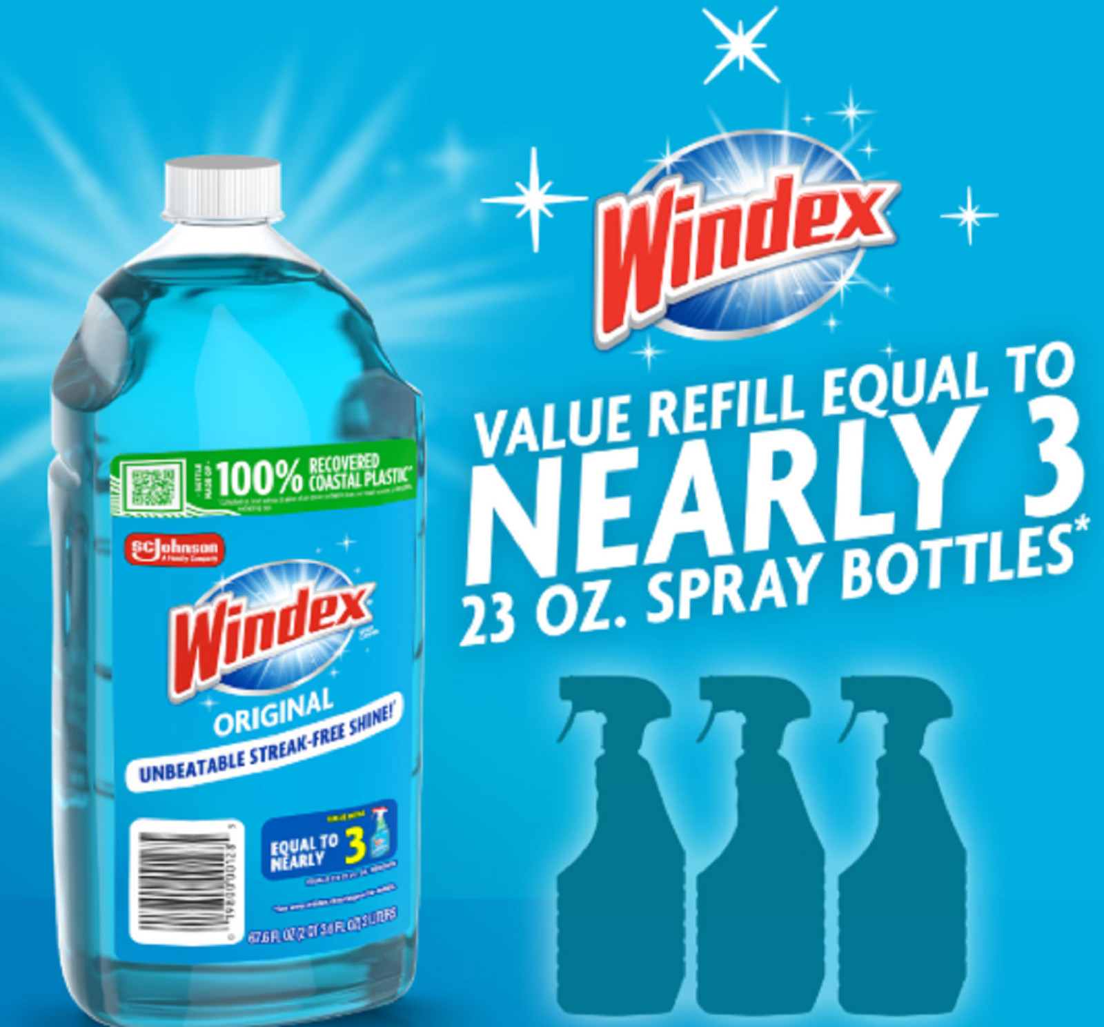 Windex Glass, Window, and Mirror Cleaner Refill, Original Blue, 2 L