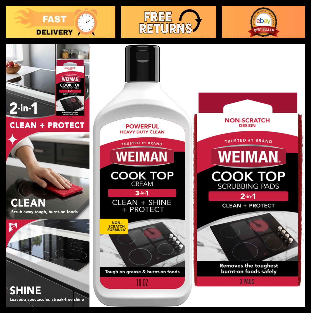 Heavy Duty Ceramic & Glass Cooktop Cleaner, Polish + 3 Scrubbing Pads, 10oz