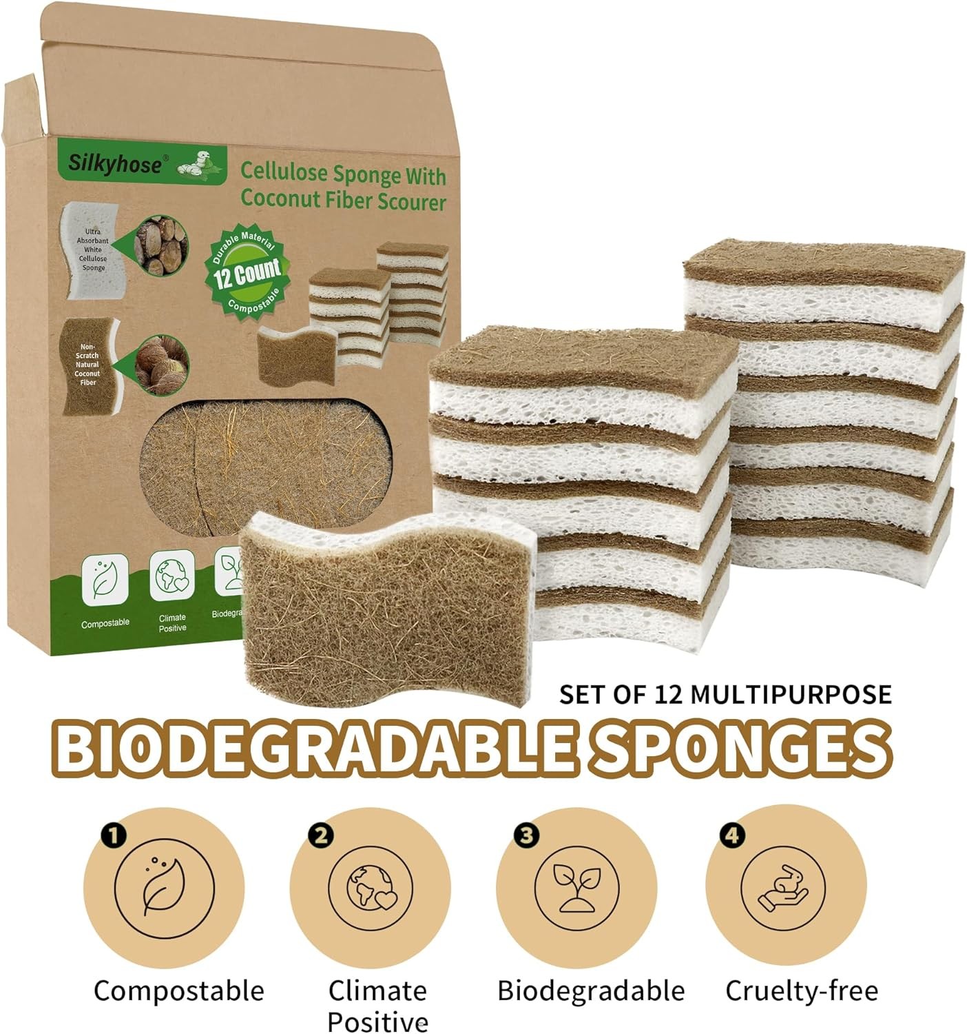 Natural Kitchen Sponges, Biodegradable & Compostable | Non-Scratch Cellulose