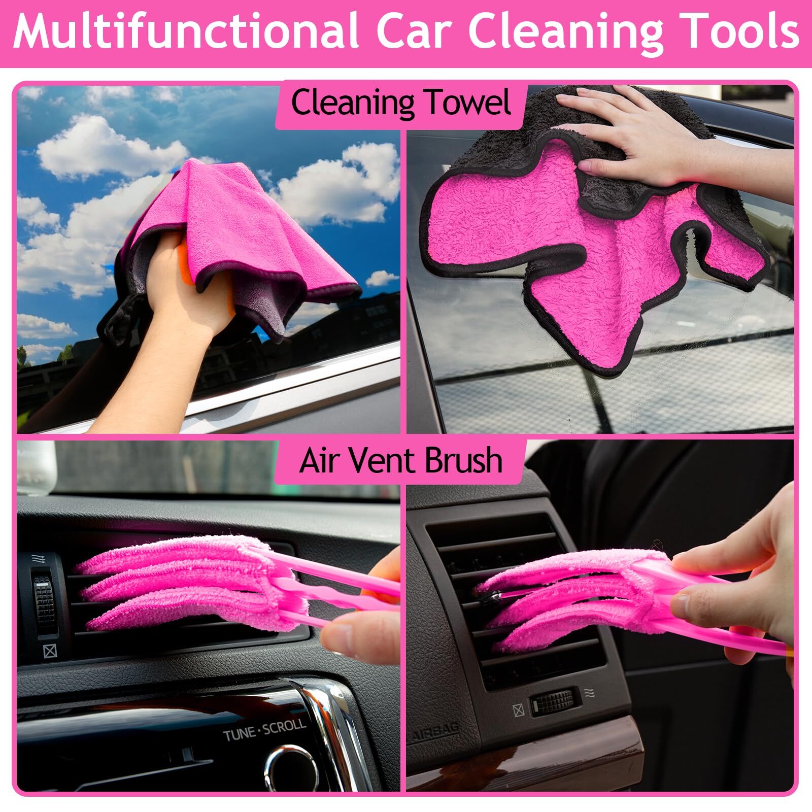 THINKWORK Pink Car Duster Interior Kit Perfect Car Detailing Brush Kit for