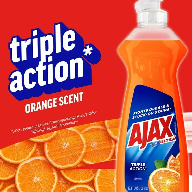 Ajax Ultra Triple Action Orange Dishwashing Liquid Soap, 12.4 fl oz
