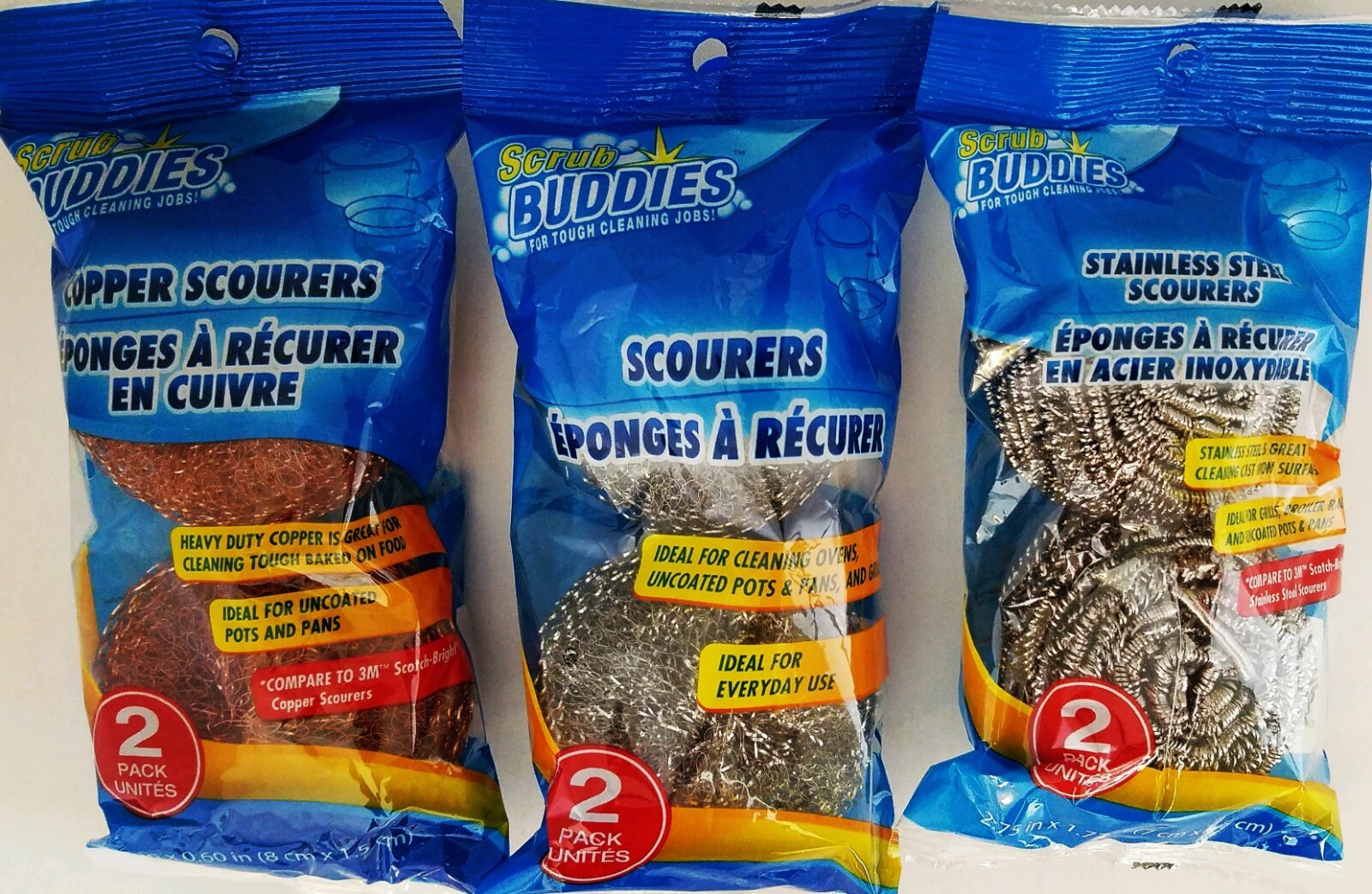 Copper, Steel, Stainless-Steel Scourers for Pots Pans Grills Stoves Ovens 2 Pads