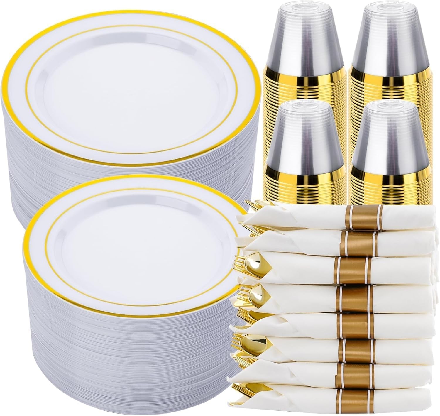 realluck 350 PCS White and Gold Plastic Dinnerware Set for 50 Guests, 100 Disp