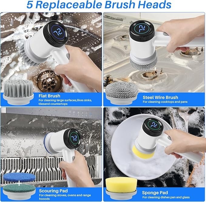 Cordless Electric Spin Scrubber 3-Speed Power Cleaning Brush w/Battery Display