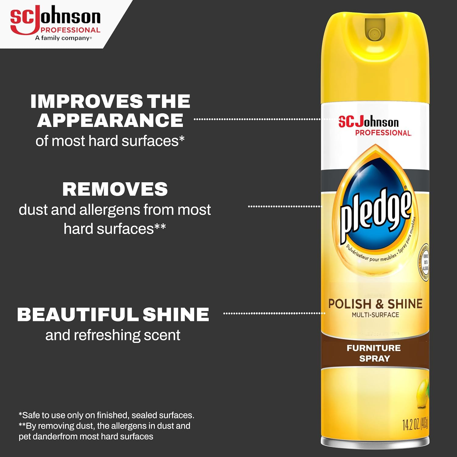 Pledge Polish and Shine for Wood Furniture and More, Lemon Scent, 14.2 Fl Oz, Pa