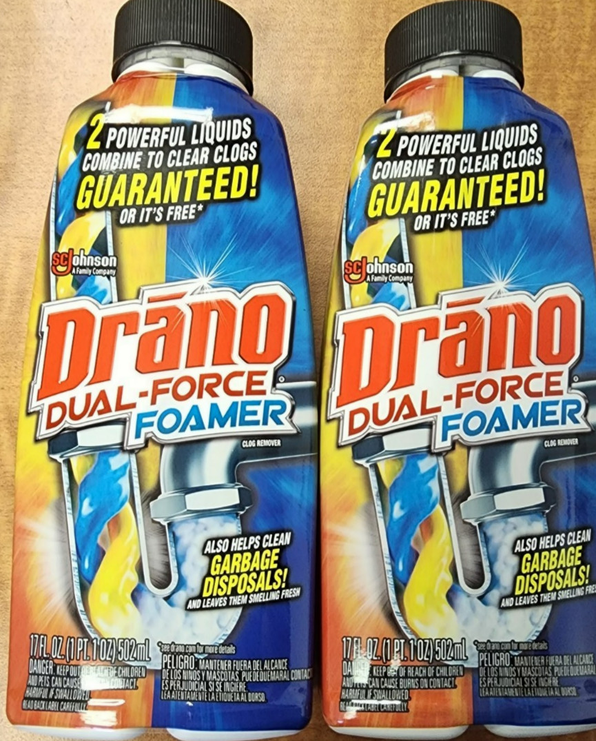 2 Drāno Dual-Force Foamer Drain Clog Remover, 17 Fl oz Each Bottle