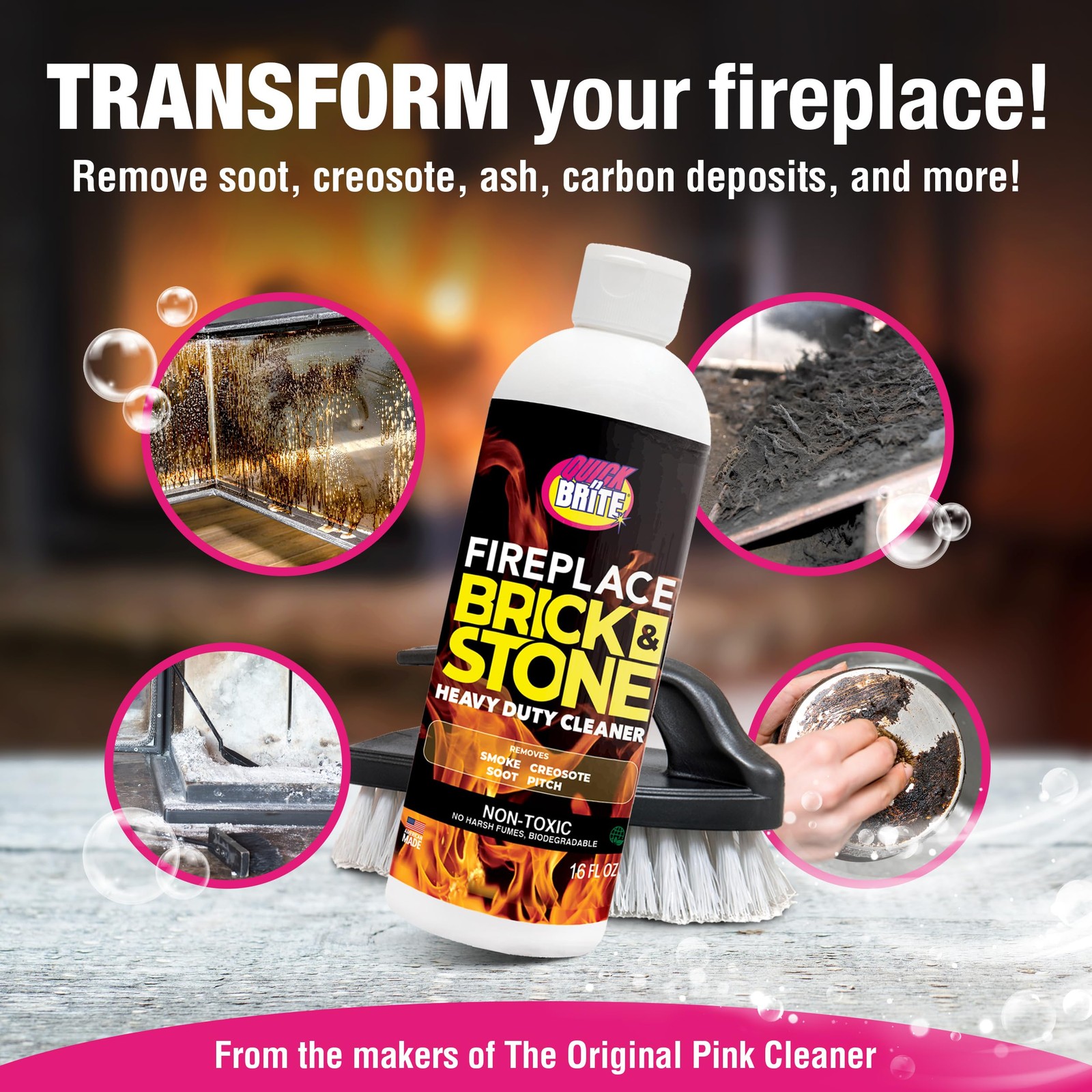 Quick N Brite Fireplace Cleaner with Scrub Brush for Brick, Stone, Rock, Tile…