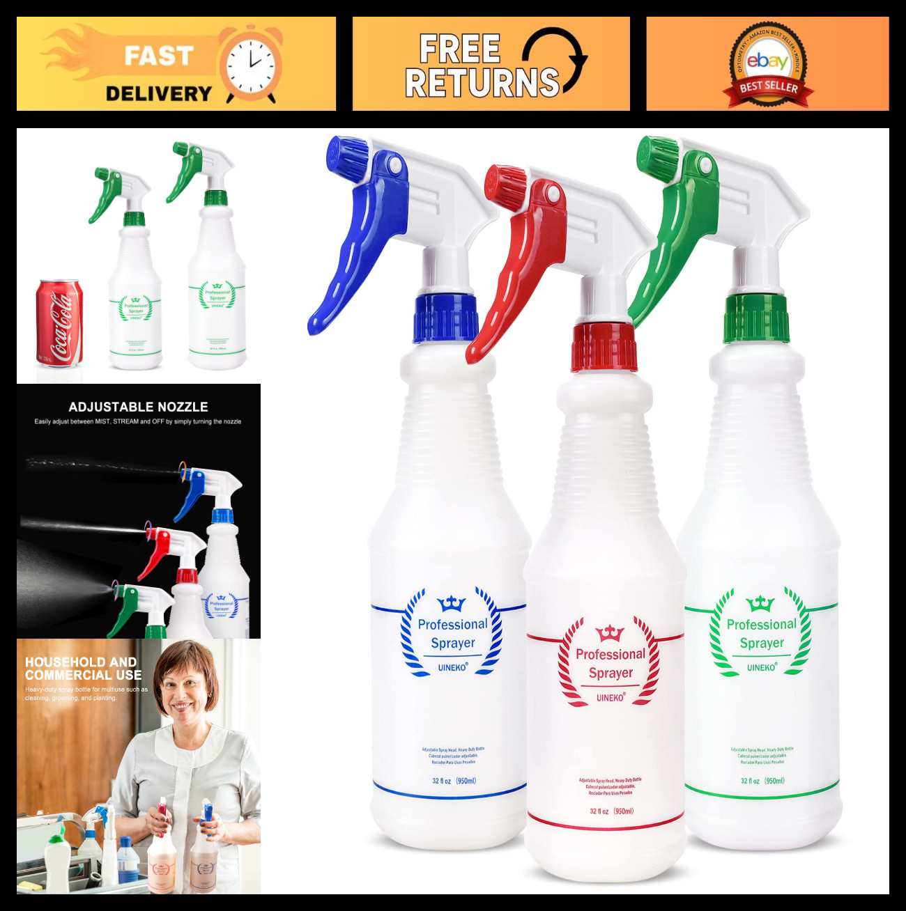 3 Pack Heavy Duty 32 Oz Plastic Spray Bottles – Leak Proof, Adjustable Nozzle fo