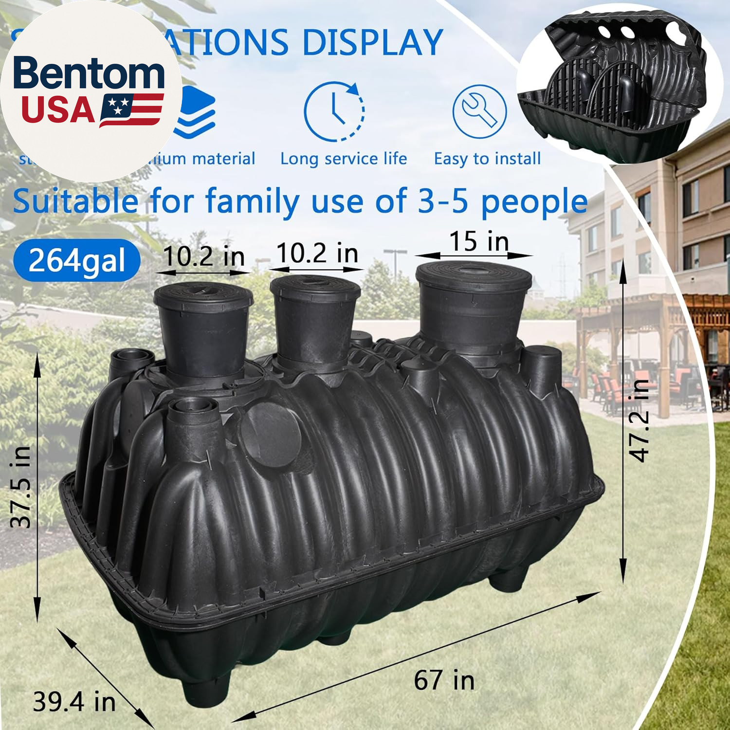 Large Underground Septic Tank Kit -68.3X38.8X36.2In Plastic Septic Tank System,