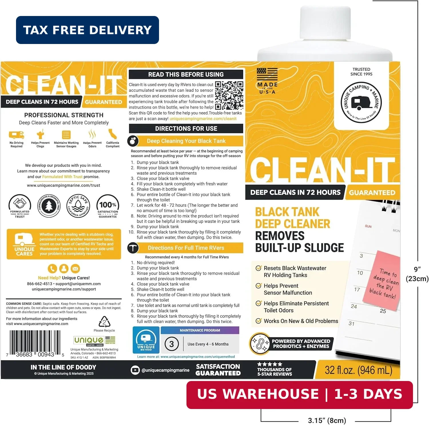 Unique Clean-It RV Black Tank Cleaner Liquid – Deep Cleaner for RV Holding Tanks