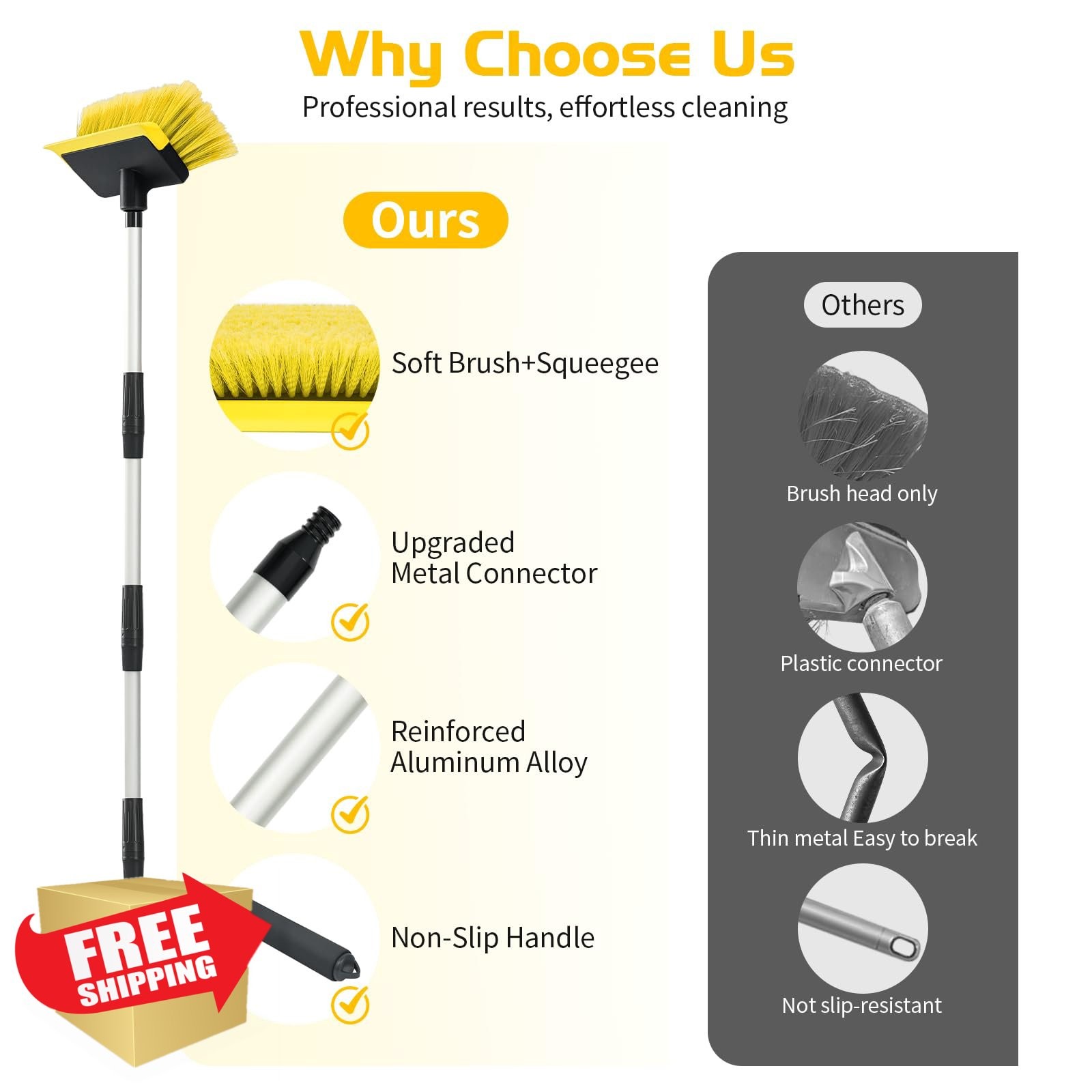 Ordenado 56″ Car Wash Brush Long Handle Soft Bristle Squeegee Yellow