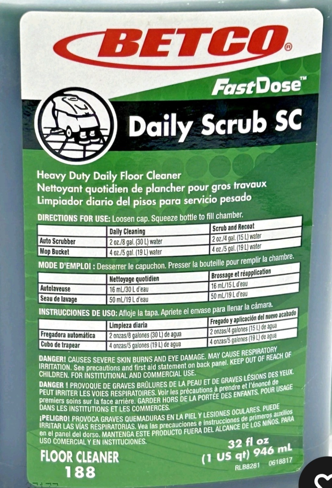 Betco Daily Scrub SC Floor Cleaner 188, 32 Oz/Bottle