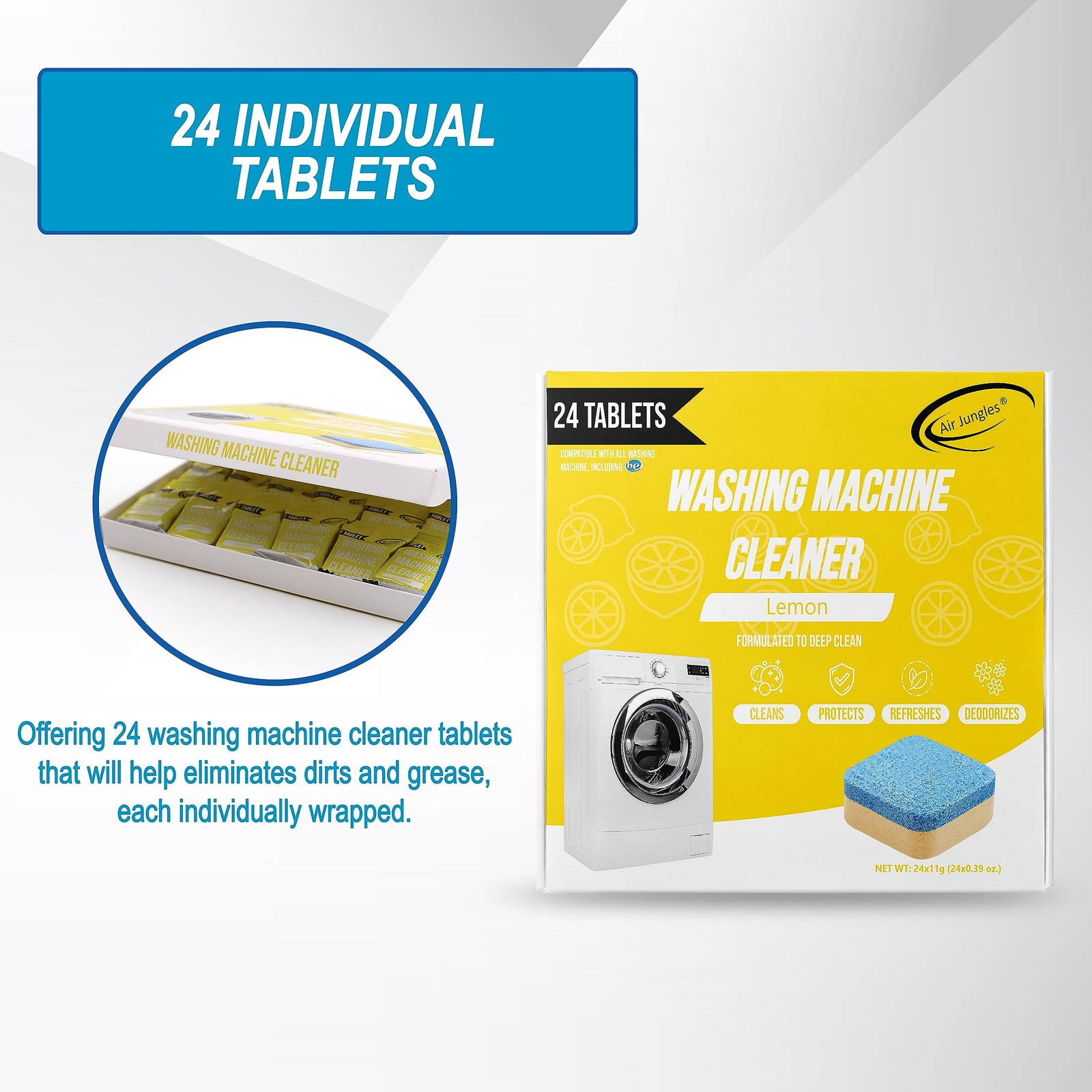 Washing Machine Cleaner Tablets 24 Count, Lemon Scent, Deep Cleaning, Dirt Re…