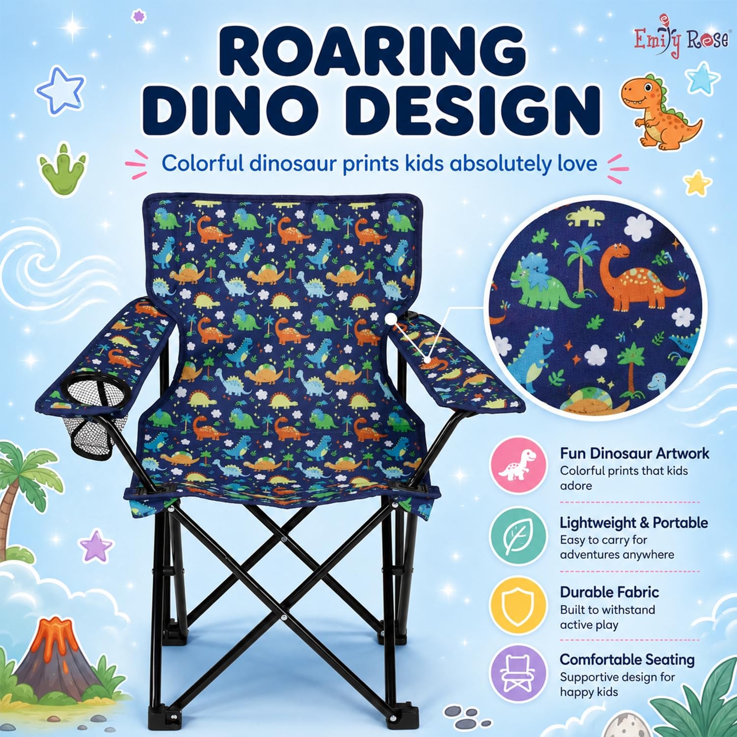 Playful Dinosaurs Kids Folding Camp Chair – Lightweight Portable Toddler Beac…