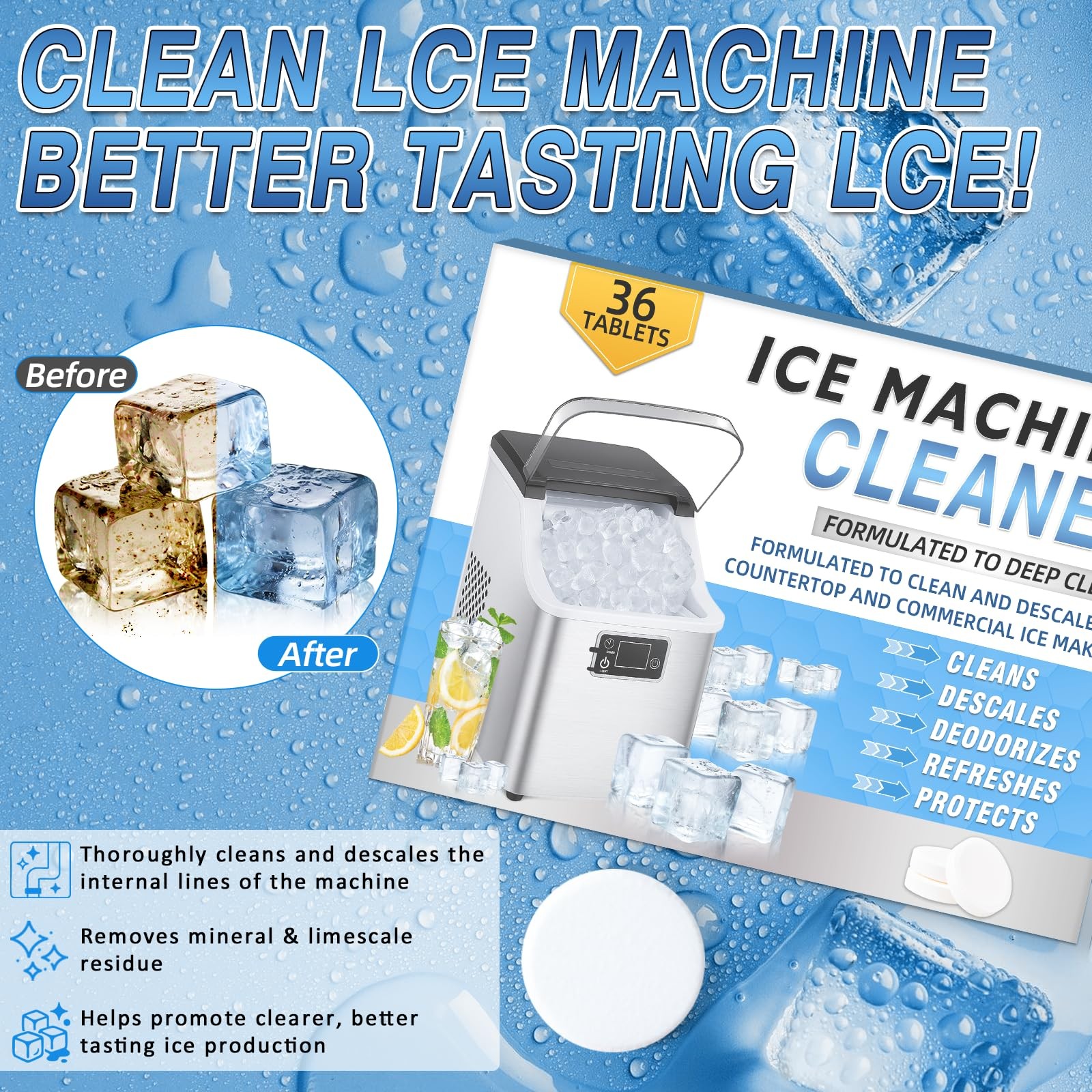 Ice Machine Cleaner Tablets Descaler 36 Pack – Portable Ice Maker Cleaner, Ni…