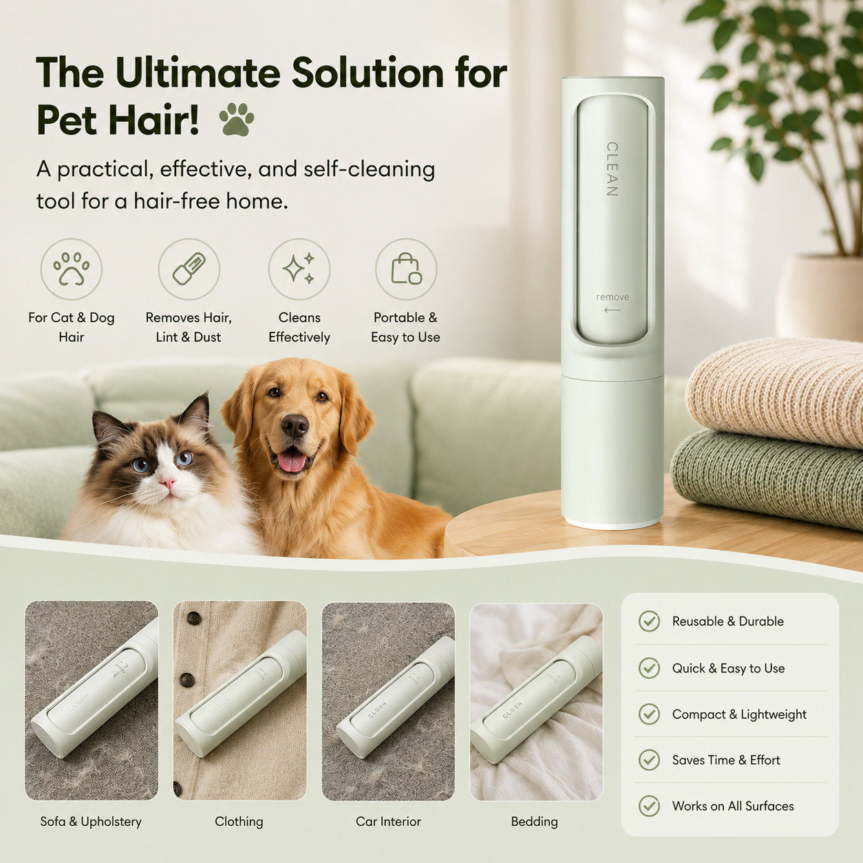 Self-Cleaning Pet Hair Remover Brush Roller for Cat Dog Fur & Lint