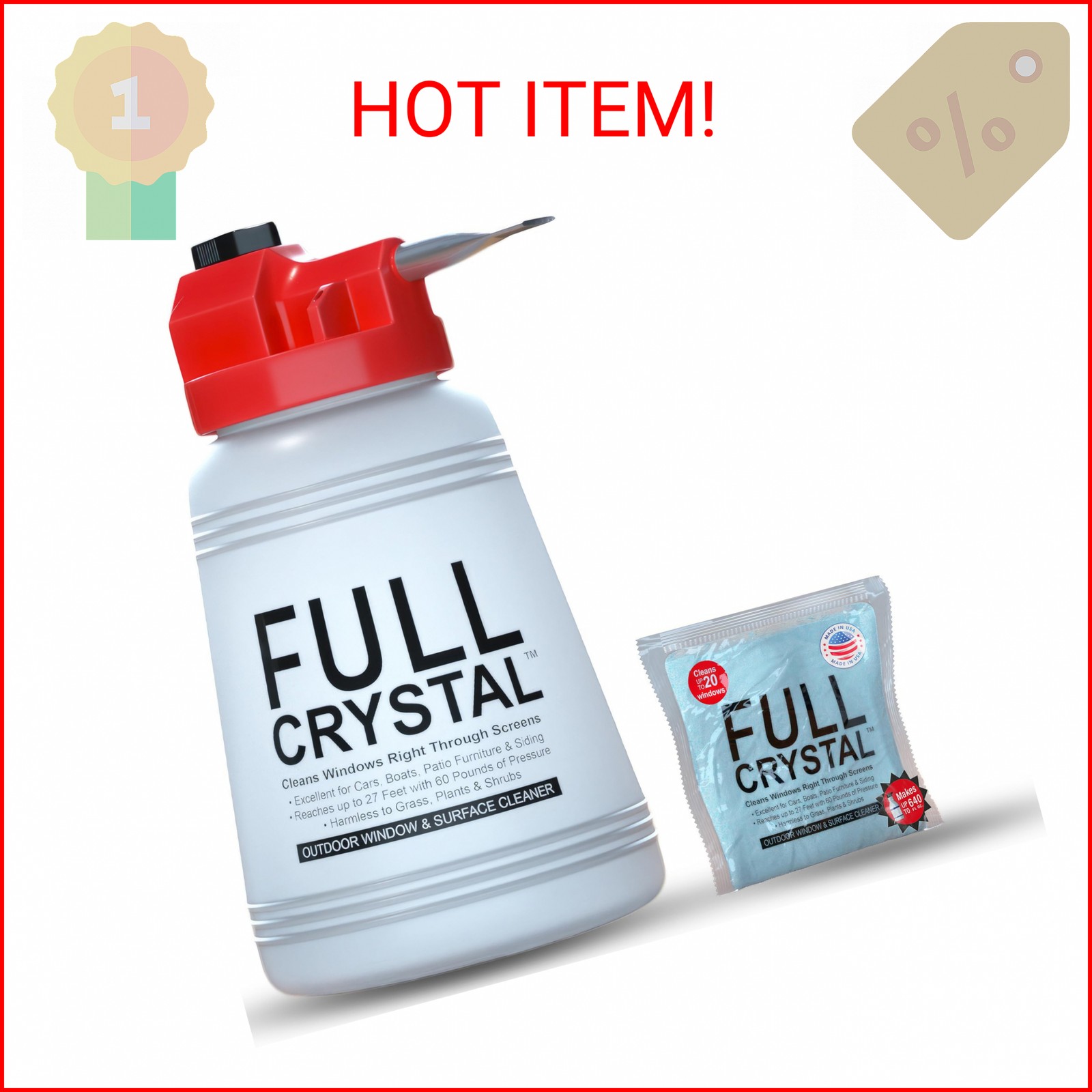 Full Crystal Window Cleaning Kit – 4 oz Glass Cleaner and Bottle with 27 ft Reac