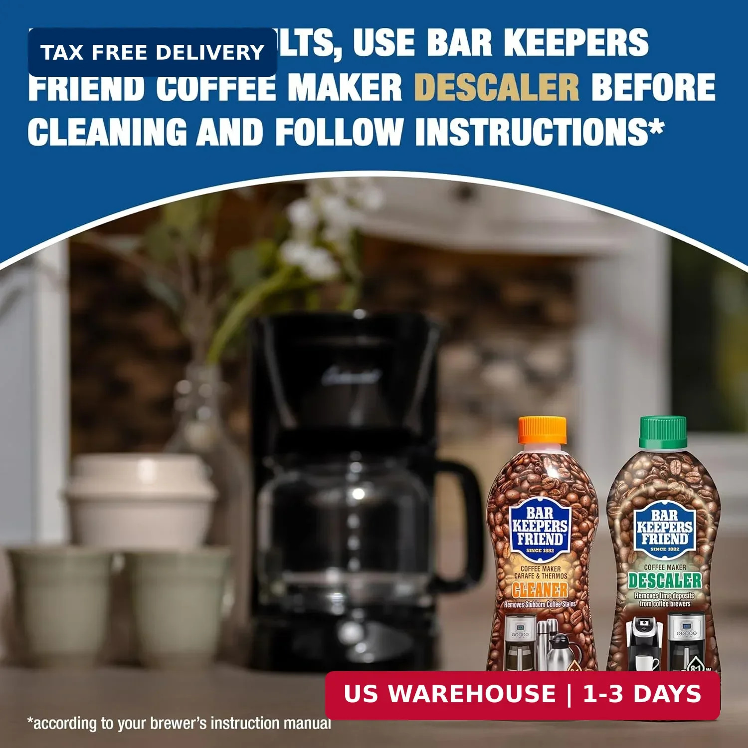 Bar Keepers Friend Coffee Maker Cleaner (2 x 12 oz) Removes Stains & Oily Residu
