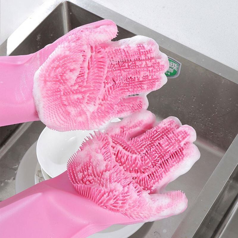 Silicone Dishwashing Gloves, Finger Tips with Bristles Cleaning Brush  (2 Pairs)