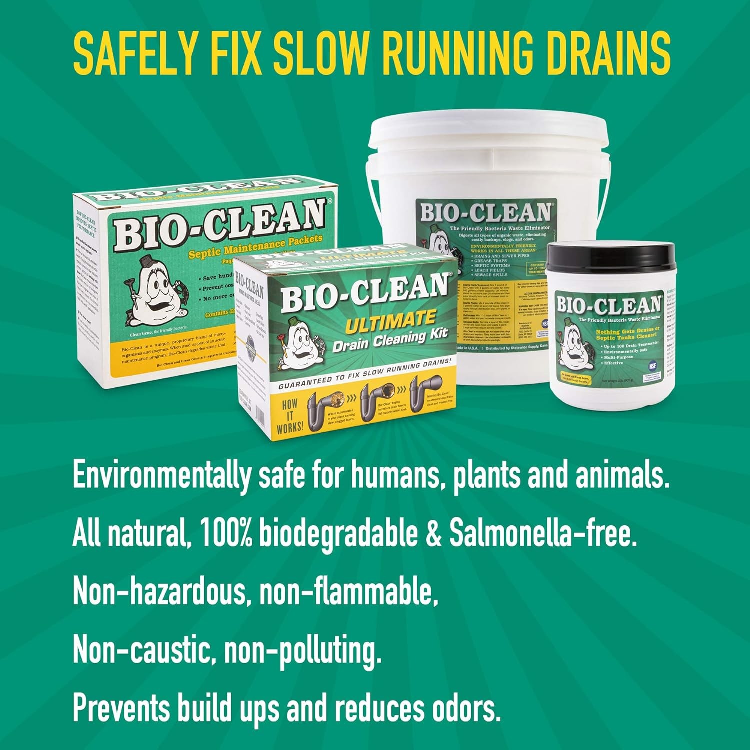Bio-Clean Drain Cleaner Septic Tank Treatment 2 lb Can Grease Traps Natural